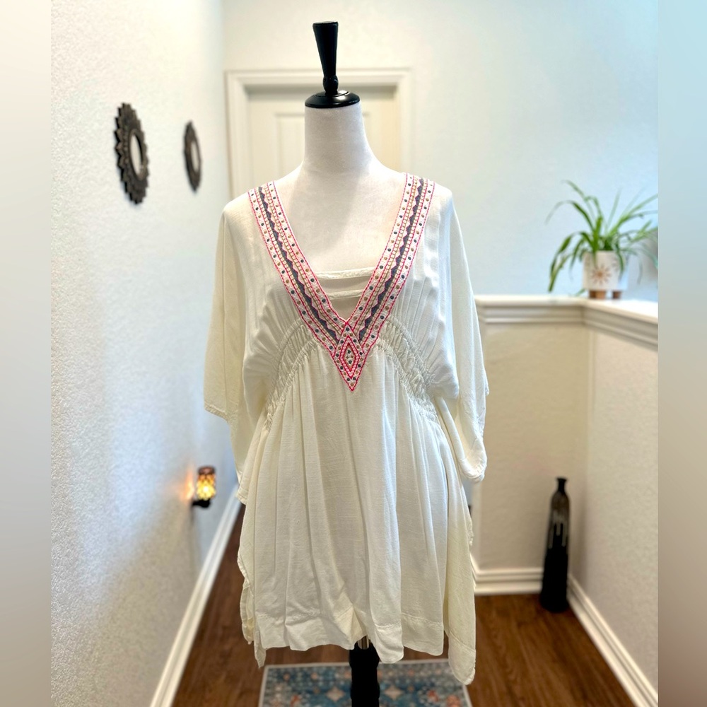 White and Pink Embroidered Women's Top